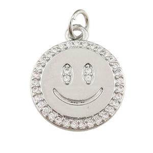 copper Emoji pendant paved zircon, happiness face, platinum plated, approx 15mm [FN25284]