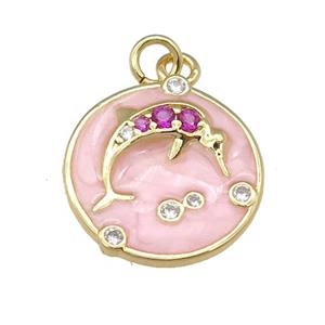 copper dolphin pendant paved zircon with pink enamel, circle, gold plated, approx 15mm [FN25299]