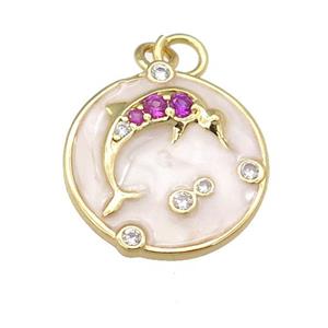 copper dolphin pendant paved zircon with white enamel, circle, gold plated, approx 15mm [FN25300]