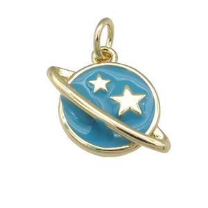 copper Planet pendant with teal enamel, star, gold palted, approx 11-16mm [FN25313]