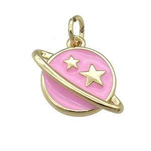 copper Planet pendant with pink enamel, star, gold palted, approx 11-16mm [FN25316]