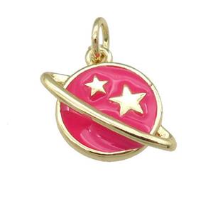 copper Planet pendant with hotpink enamel, star, gold palted, approx 11-16mm [FN25317]