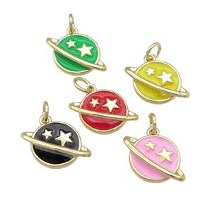 copper Planet pendant with enamel, earthStar, gold palted, mixed, approx 11-16mm [FN25323]