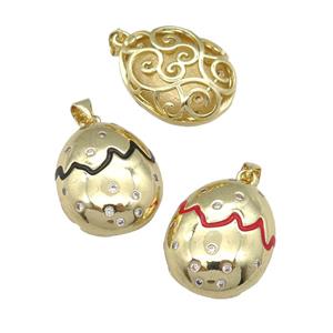 copper Egg pendant paved zircon with enamel, gold plated, mixed, approx 18-22mm [FN25360]