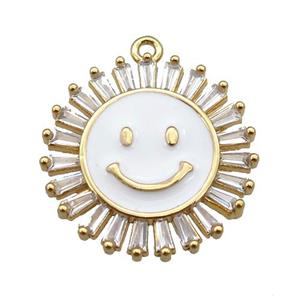 copper Emoji pendant paved zircon with white enamel, sunflower, gold plated, approx 20mm dia [FN25380]