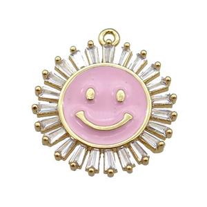 copper Emoji pendant paved zircon with pink enamel, gold plated, approx 20mm dia [FN25383]