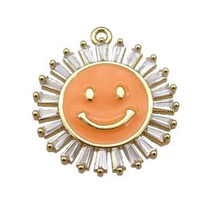 copper Emoji pendant paved zircon with orange enamel, gold plated, approx 20mm dia [FN25386]