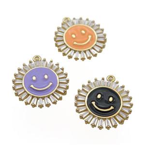 copper Emoji pendant paved zircon with enamel, sunflower, gold plated, mixed, approx 20mm dia [FN25387]