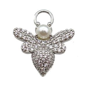 copper Honeybee pendant paved zircon, platinum plated, approx 16-19mm [FN25408]