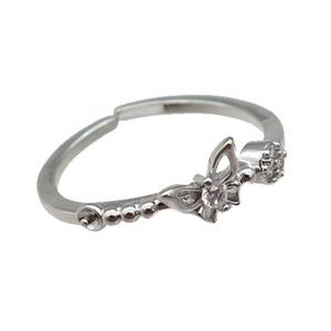 copper Ring paved zircon with butterfly, platinum plated, approx 6mm, 18mm dia [FN25414]