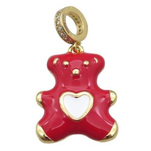 copper Bear pendant with red enamel, gold plated, approx 17-20mm, 8mm, 5mm hole [FN25448]