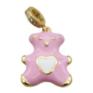 copper Bear pendant with pink enamel, gold plated, approx 17-20mm, 8mm, 5mm hole [FN25450]