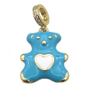 copper Bear pendant with teal enamel, gold plated, approx 17-20mm, 8mm, 5mm hole [FN25452]