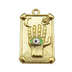 copper Tarot Card pendant with green enamel eye, hand, gold plated, approx 13-19mm [FN25523]