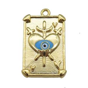 copper Tarot Card pendant with blue enamel eye, sword, gold plated, approx 13-19mm [FN25532]