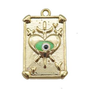 copper Tarot Card pendant with green enamel eye, sword, gold plated, approx 13-19mm [FN25533]