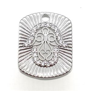 copper Hamsahand pendant paved zircon, platinum plated, approx 14.5-19mm [FN25535]