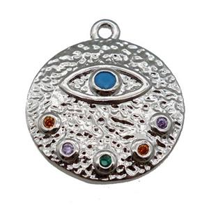 copper Eye charm pendant paved zircon, circle, platinum plated, approx 18mm [FN25561]