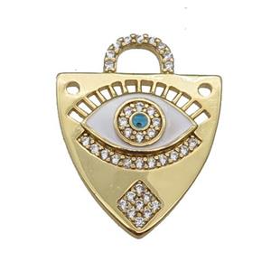 copper shield pendant paved zircon with white enamel Eye, gold plated, approx 17-22mm [FN25575]