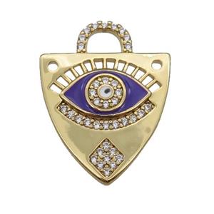 copper shield pendant paved zircon with purple enamel Eye, gold plated, approx 17-22mm [FN25579]