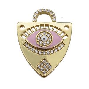 copper shield pendant paved zircon with pink enamel Eye, gold plated, approx 17-22mm [FN25580]