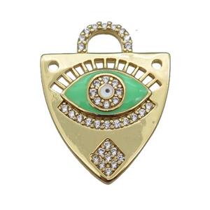 copper shield pendant paved zircon with green enamel Eye, gold plated, approx 17-22mm [FN25581]