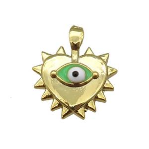 copper Heart pendant with green enamel evil eye, gold plated, approx 13-14mm [FN25587]