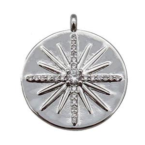 copper circle pendant paved zircon with star, platinum plated, approx 20mm dia [FN25595]