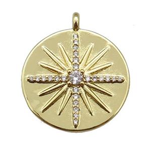 copper circle pendant paved zircon with star, gold plated, approx 20mm dia [FN25596]