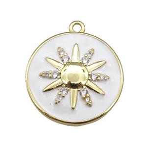 copper circle pendant paved zircon with white enamel sunflower, gold plated, approx 21mm [FN25598]
