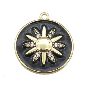 copper circle pendant paved zircon with black enamel sunflower, gold plated, approx 21mm [FN25599]