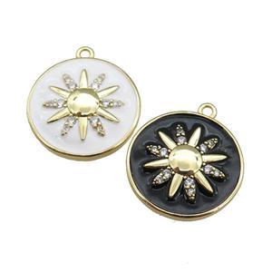 copper circle pendant paved zircon with enamel sunflower, mixed, approx 21mm [FN25600]