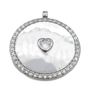 copper circle pendant paved zircon with heart, platinum plated, approx 24mm dia [FN25601]