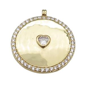 copper circle pendant paved zircon with heart, gold plated, approx 24mm dia [FN25602]