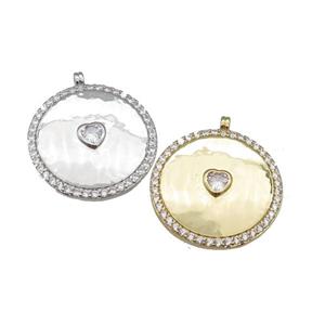 copper circle pendant paved zircon with heart, mixed, approx 24mm dia [FN25603]