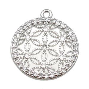 copper circle pendant paved zircon, flower of life, platinum plated, approx 18mm dia [FN25604]