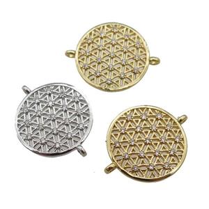 copper circle connector paved zircon, flower of life, mixed, approx 19mm dia [FN25609]