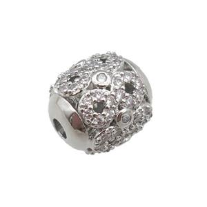 copper barrel beads paved zircon, platinum plated, approx 9-11mm [FN25613]