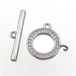 copper Toggle Clasp paved zircon, circle, platinum plated, approx 12mm, 20mm [FN25616]