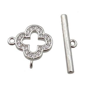 copper Toggle Clasp paved zircon, clover, platinum plated, approx 12mm, 20mm [FN25617]