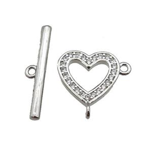 copper Toggle Clasp paved zircon, heart, platinum plated, approx 12mm, 20mm [FN25618]