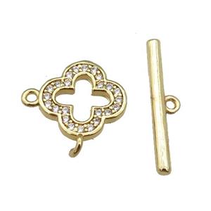 copper Toggle Clasp paved zircon, clover, gold plated, approx 12mm, 20mm [FN25619]