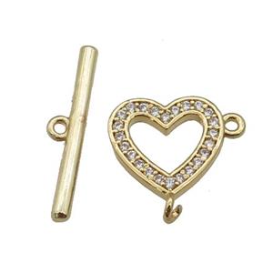 copper Toggle Clasp paved zircon, heart, gold plated, approx 12mm, 20mm [FN25620]