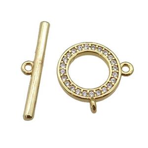 copper Toggle Clasp paved zircon, circle, gold plated, approx 12mm, 20mm [FN25621]