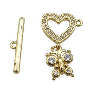 copper Toggle Clasp paved zircon, heart, gold plated, approx 12mm, 20mm, 9-12mm [FN25623]