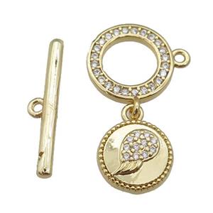 copper Toggle Clasp paved zircon, circle, gold plated, approx 12mm, 20mm, 10mm [FN25624]