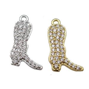 copper cowboy boot charm pendant paved zircon, shoe, mixed, approx 12-16mm [FN25641]