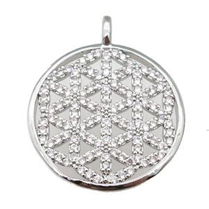 copper circle pendant paved zircon, Flowe of Life symbol, platinum plated, approx 22mm [FN25648]