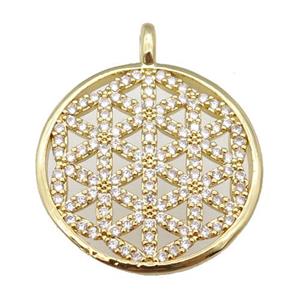 copper circle pendant paved zircon, Flowe of Life symbol, gold plated, approx 22mm [FN25649]