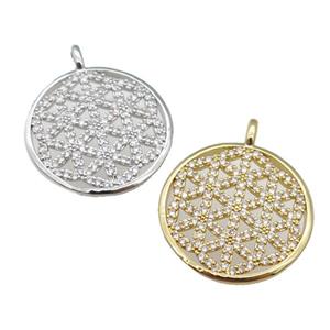 copper circle pendant paved zircon, Flowe of Life symbol, mixed, approx 22mm [FN25650]